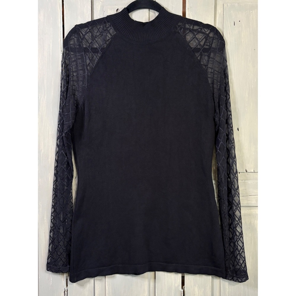 Elegant Venus Black Mock Neck Top Sheer Mesh Diamond Lattice Sleeve Large Noir - Picture 2 of 7